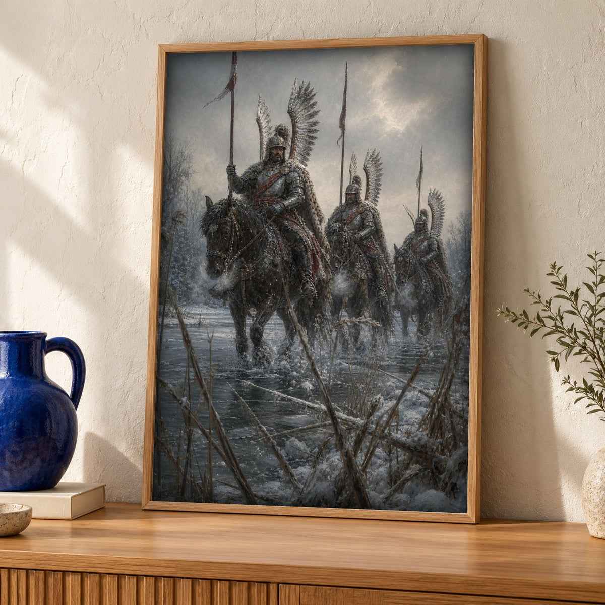Winged Hussar Art, Polish Cavalry Winter Print — oak frame room mockup