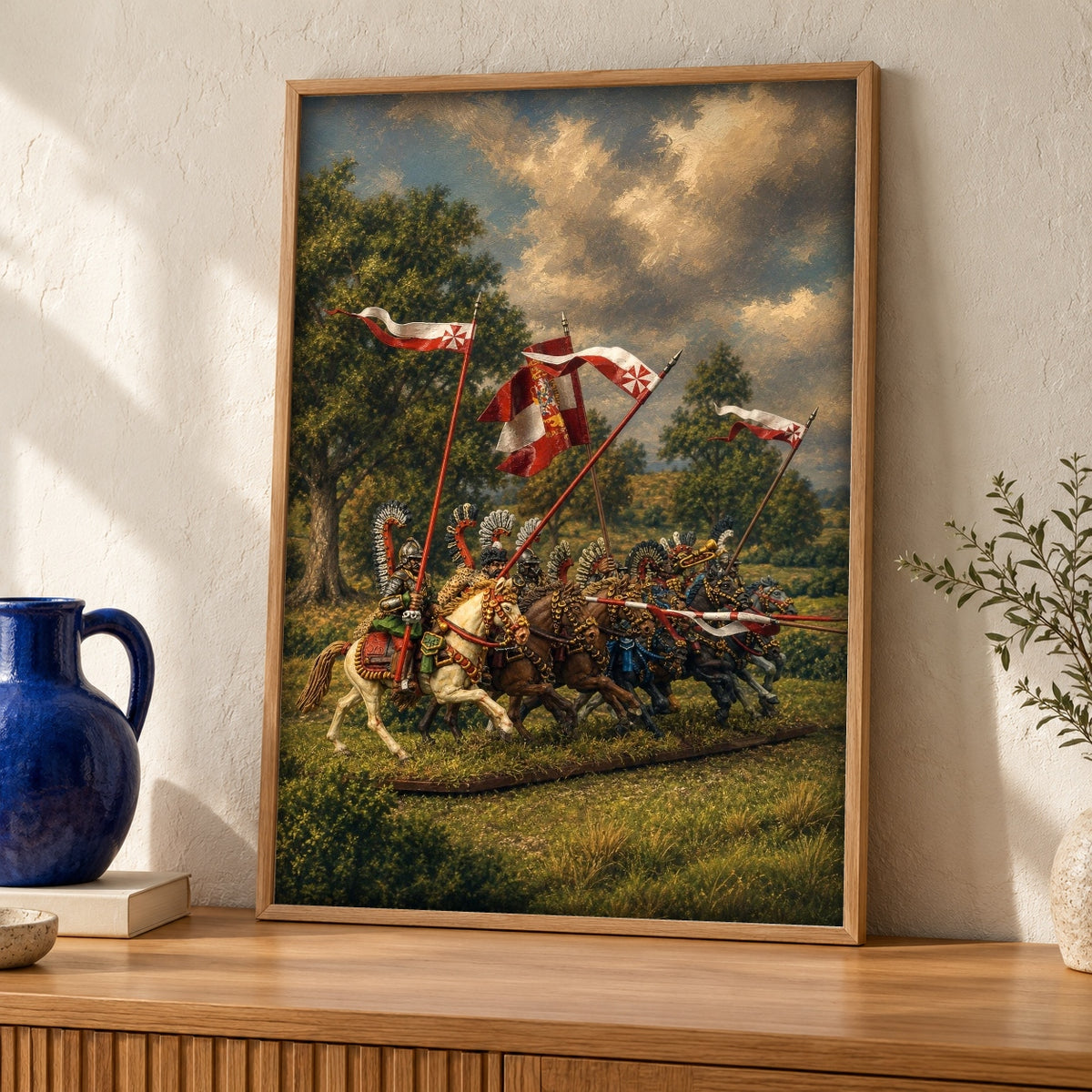 Polish Hussar Art, Winged Cavalry Charge, Medieval Battle Print — oak frame room mockup