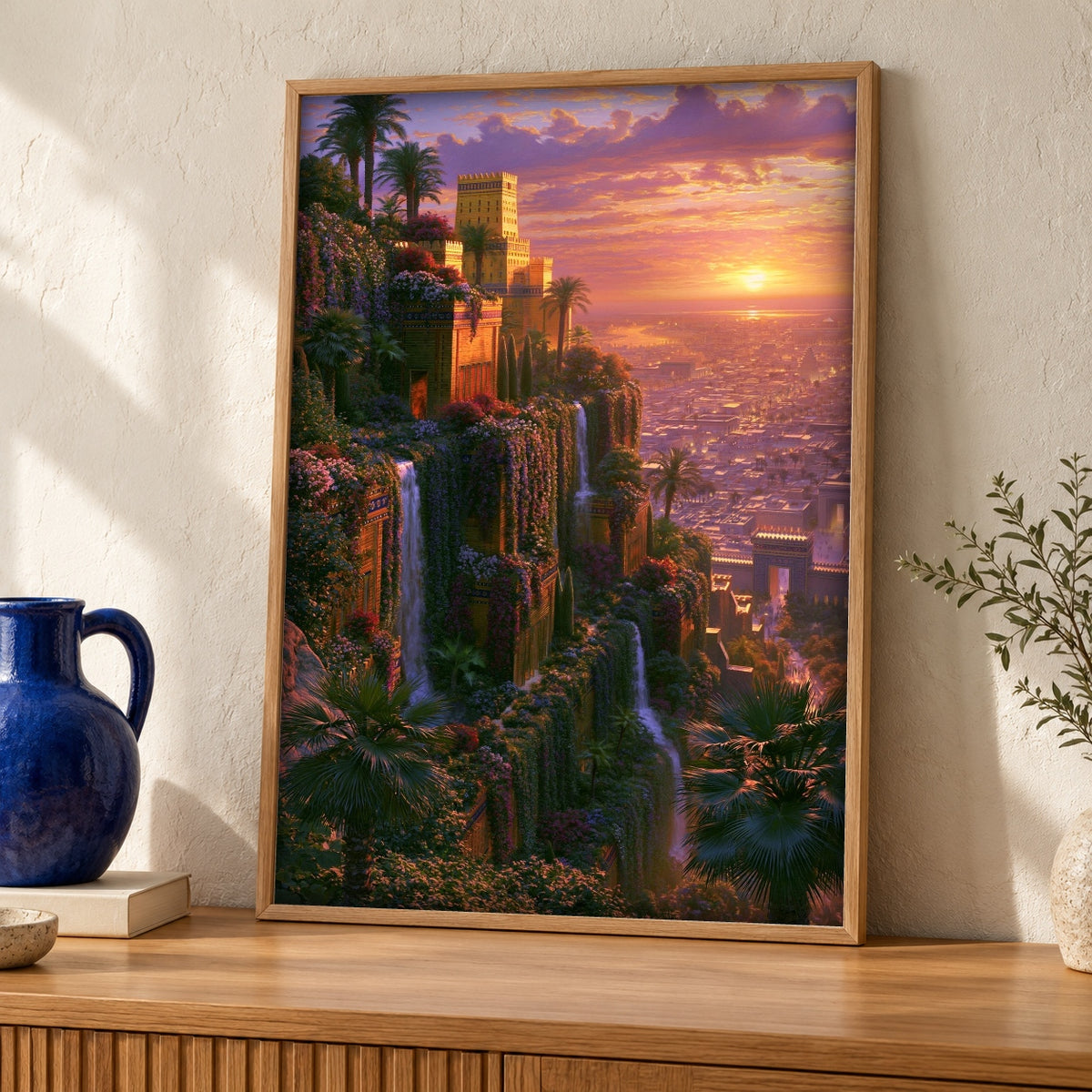 Hanging Gardens of Babylon, Ancient Wonder Print — oak frame room mockup