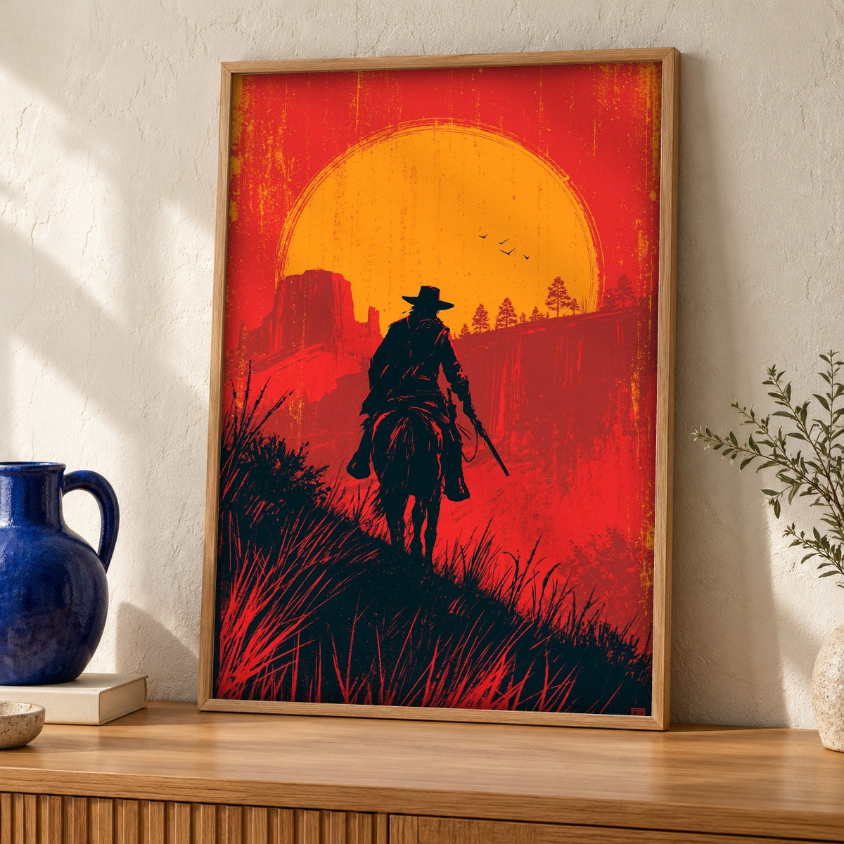 Americana Decor, Wild West Cowboy Silhouette, Historical Poster — oak frame room mockup