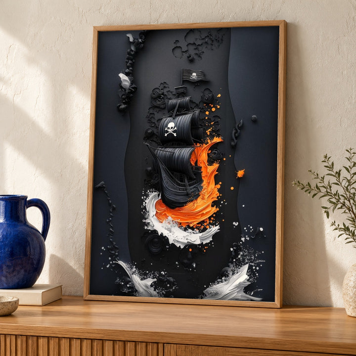 Pirate Ship Wall Art, Jolly Roger Galleon Print, Nautical Wall Decor