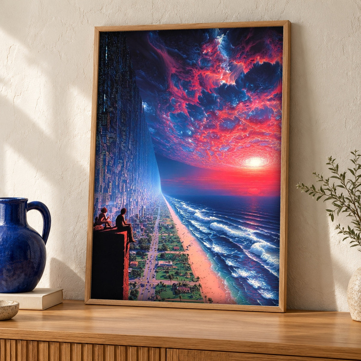 Dark Fantasy, Sci-Fi Megacity Coastal Print, Gamer Gift — oak frame room mockup
