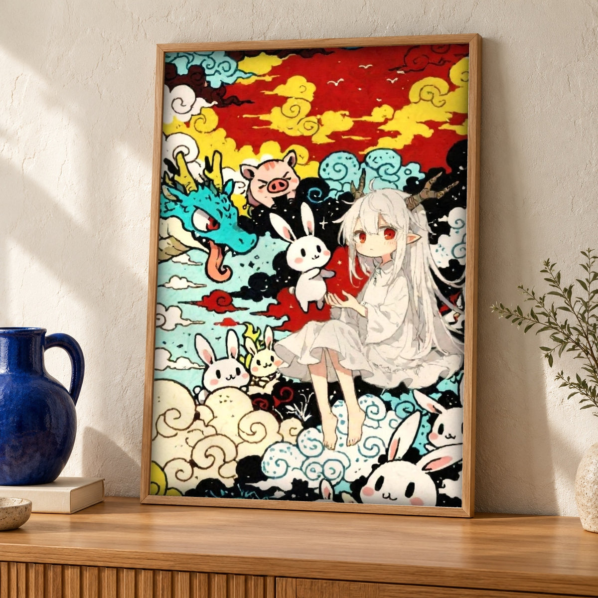 Dragon Wall Art, Chinese Mythology Print, Zodiac Spirit Poster — oak frame room mockup
