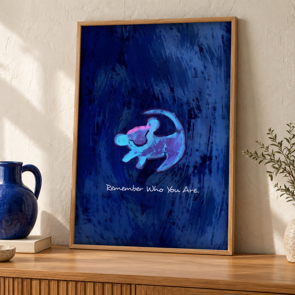 Dark Fantasy Wall Art, Remember Who You Are Lion Print — oak frame room mockup