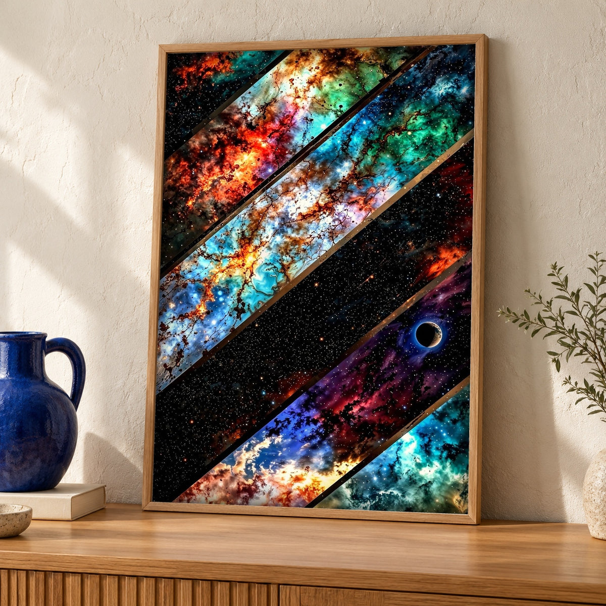 Celestial Star Map, Cosmic Nebula Galaxy Print — oak frame room mockup