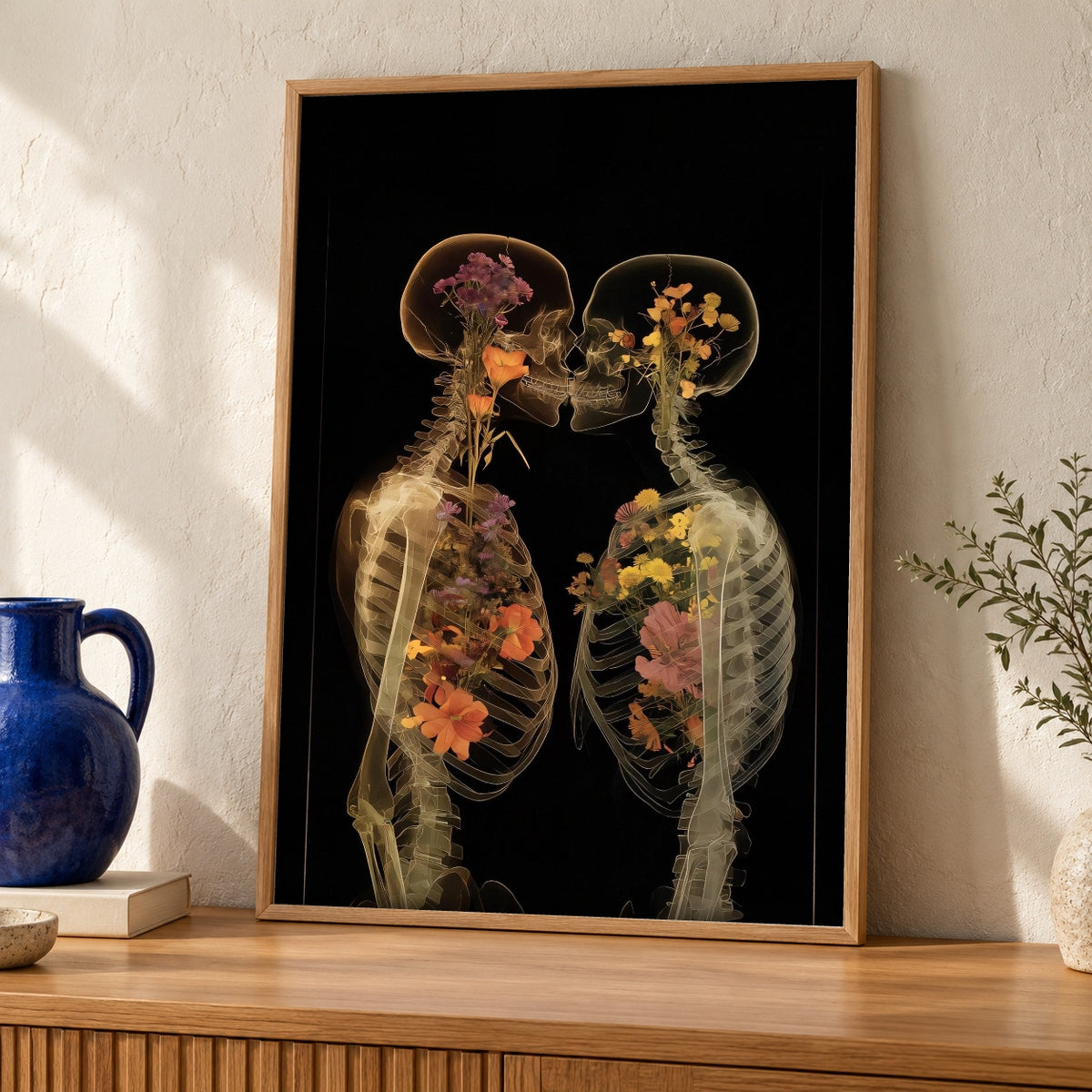 Dark Academia Art, Floral Skeleton Lovers, Memento Mori Poster — oak frame room mockup