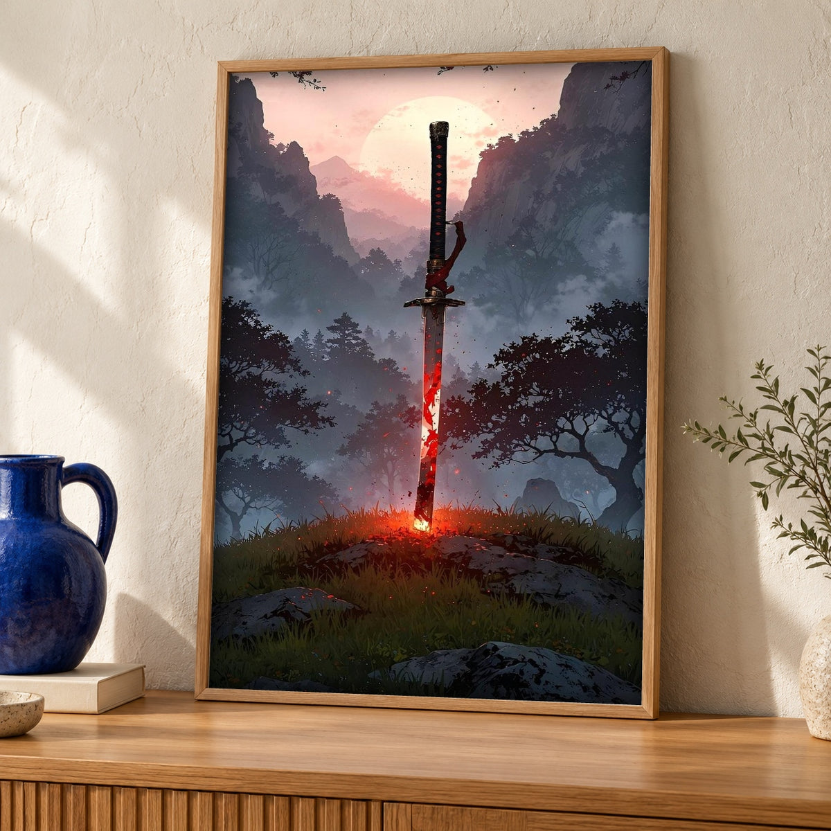 Dark Fantasy Sword Art, Legendary Blade Print — oak frame room mockup