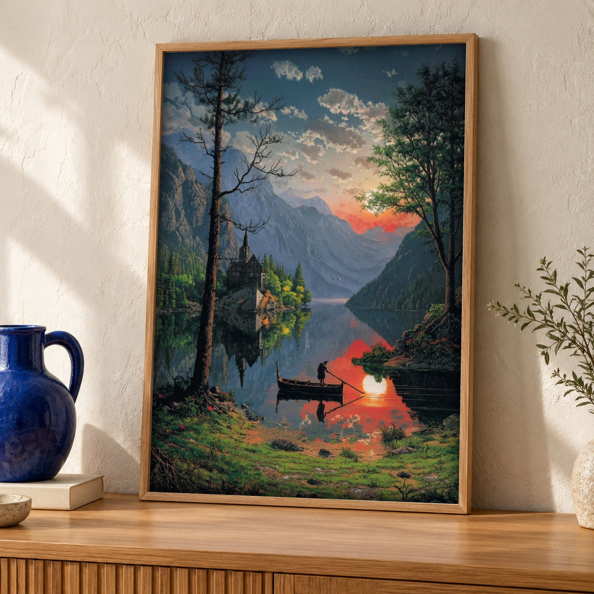 Enchanted Forest Art, Gothic Lake Castle, Dark Fantasy Print — oak frame room mockup