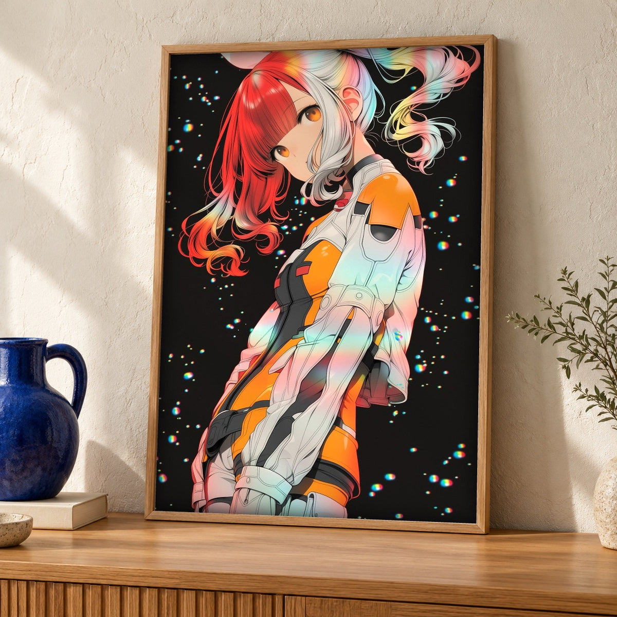 Dark Fantasy Art, Anime Space Warrior Print, Sci-Fi — oak frame room mockup