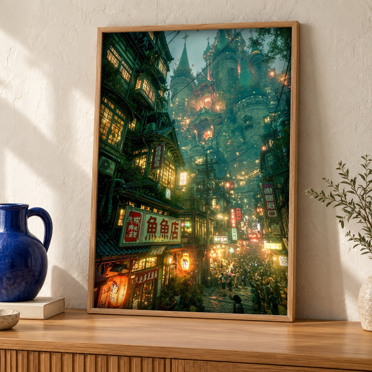 Tokyo Poster, Gothic Castle Fantasy District, Dark Wall Art — oak frame room mockup
