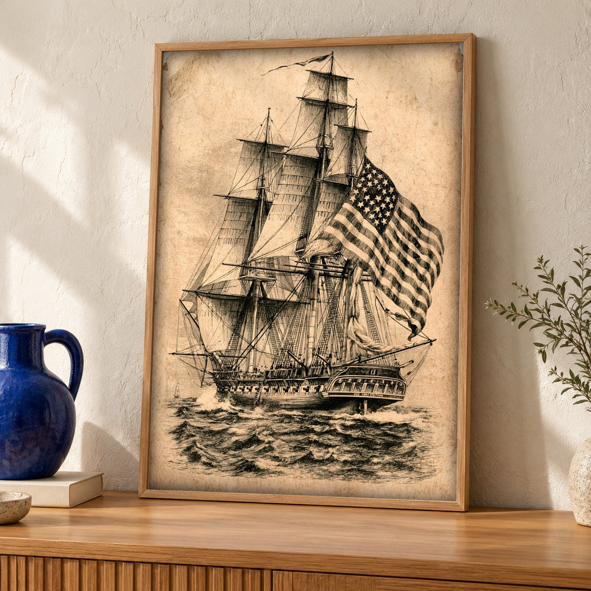 Nautical Wall Art, USS Constitution Ship Painting — oak frame room mockup