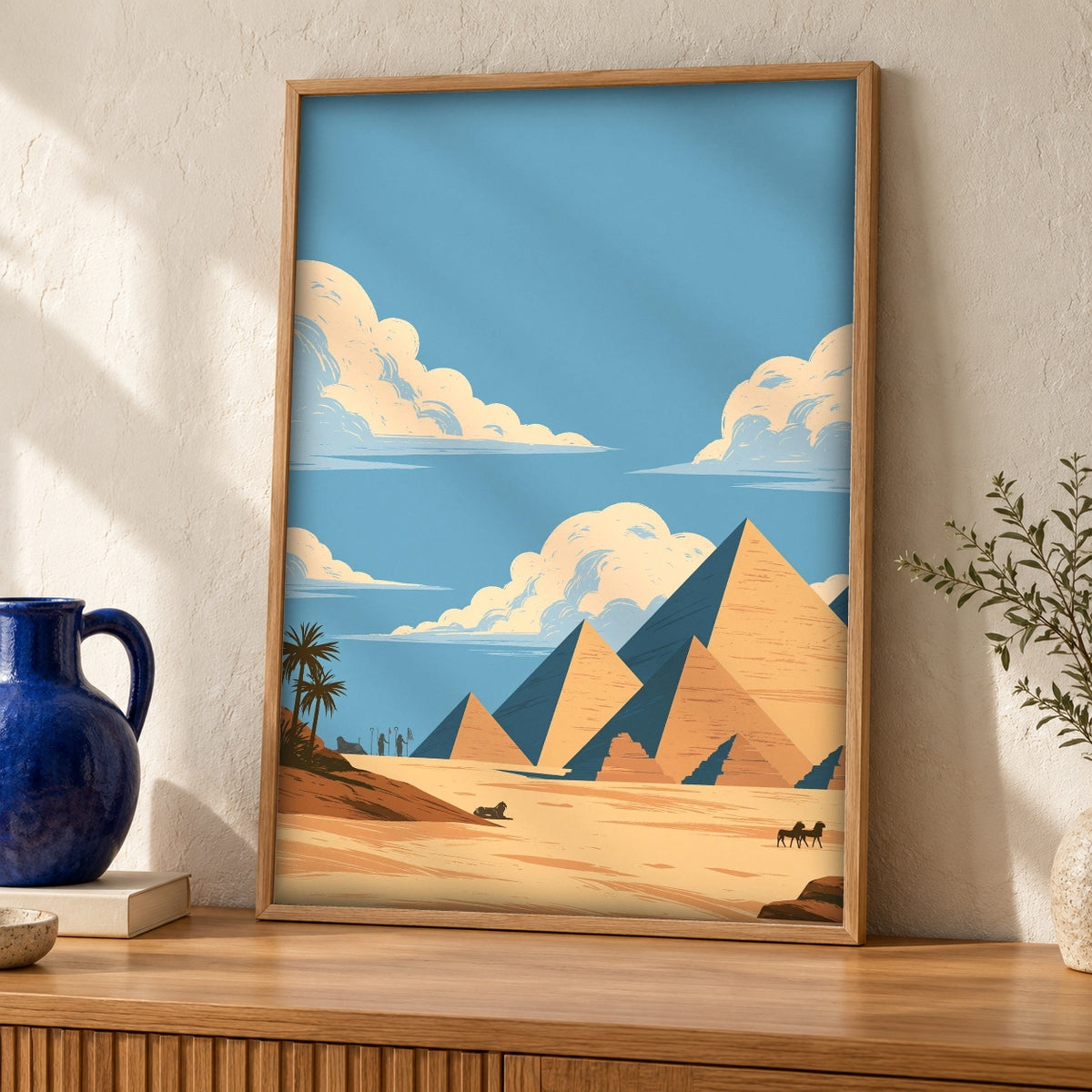 Egypt Pyramids Art, Ancient Giza Desert Print — oak frame room mockup
