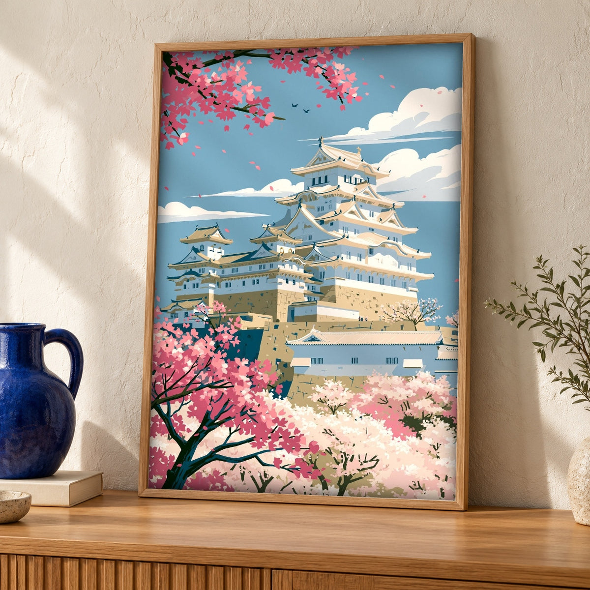 Japan Travel Poster, Himeji Castle Sakura, Cherry Blossom Print — oak frame room mockup