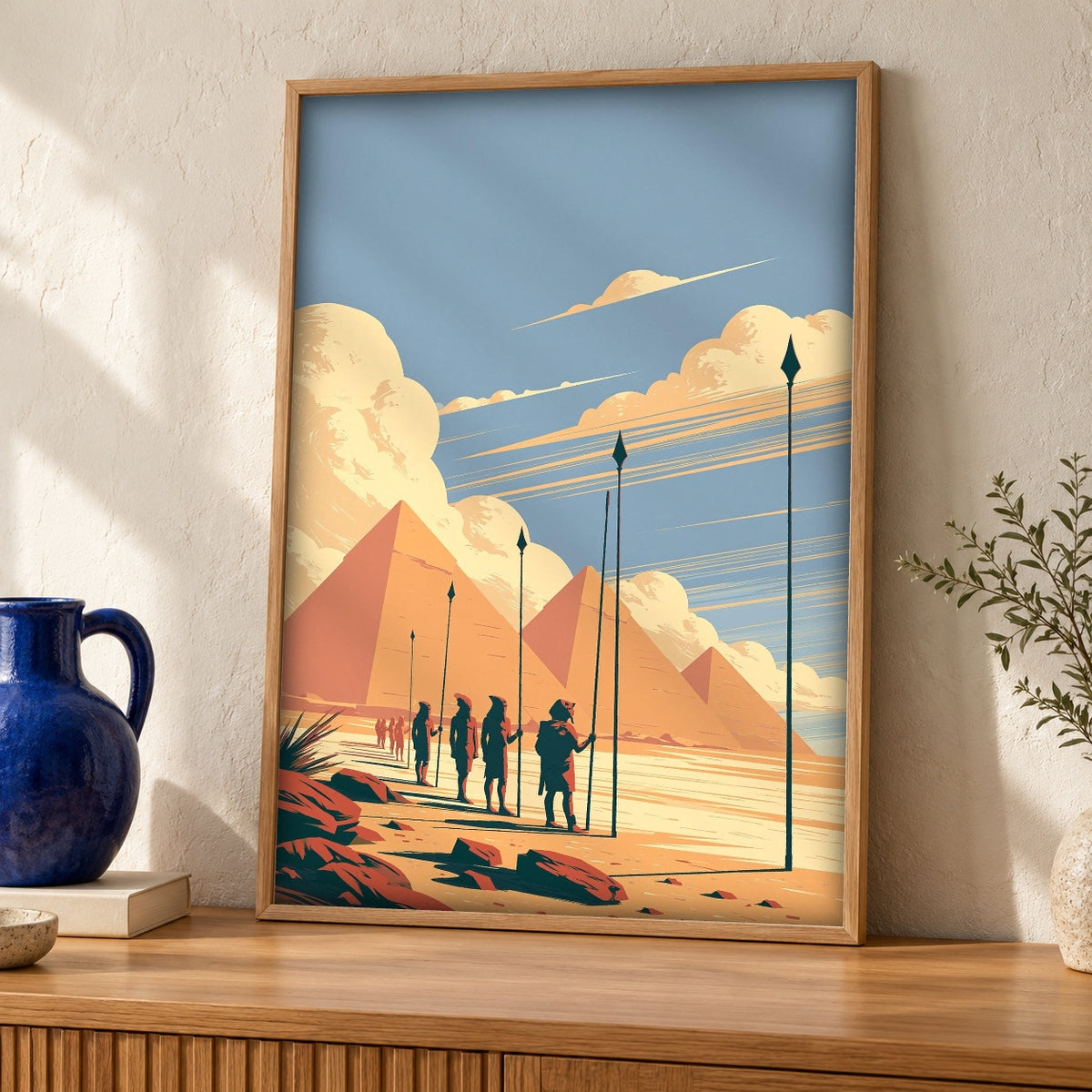 Ancient Egypt Art, Pyramid Guard Print, Desert Soldier Poster — oak frame room mockup