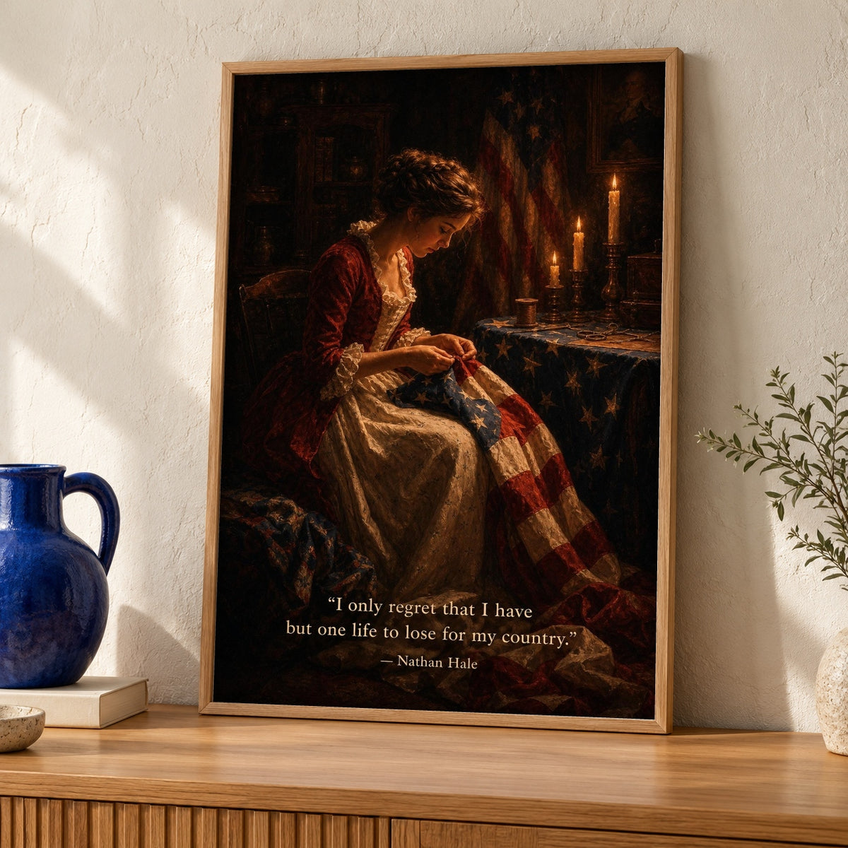 Betsy Ross Print, Revolutionary War Americana Decor, Patriotic Wall Art — oak frame room mockup
