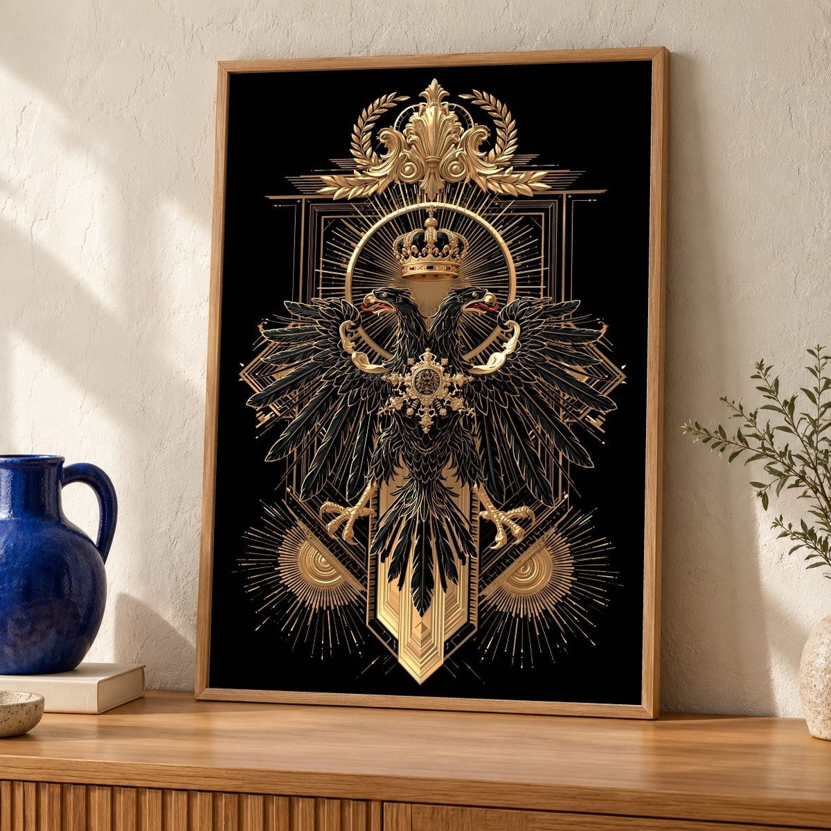 Byzantine Eagle Art, Double-Headed Empire Heraldry, Medieval Imperial Crest — oak frame room mockup