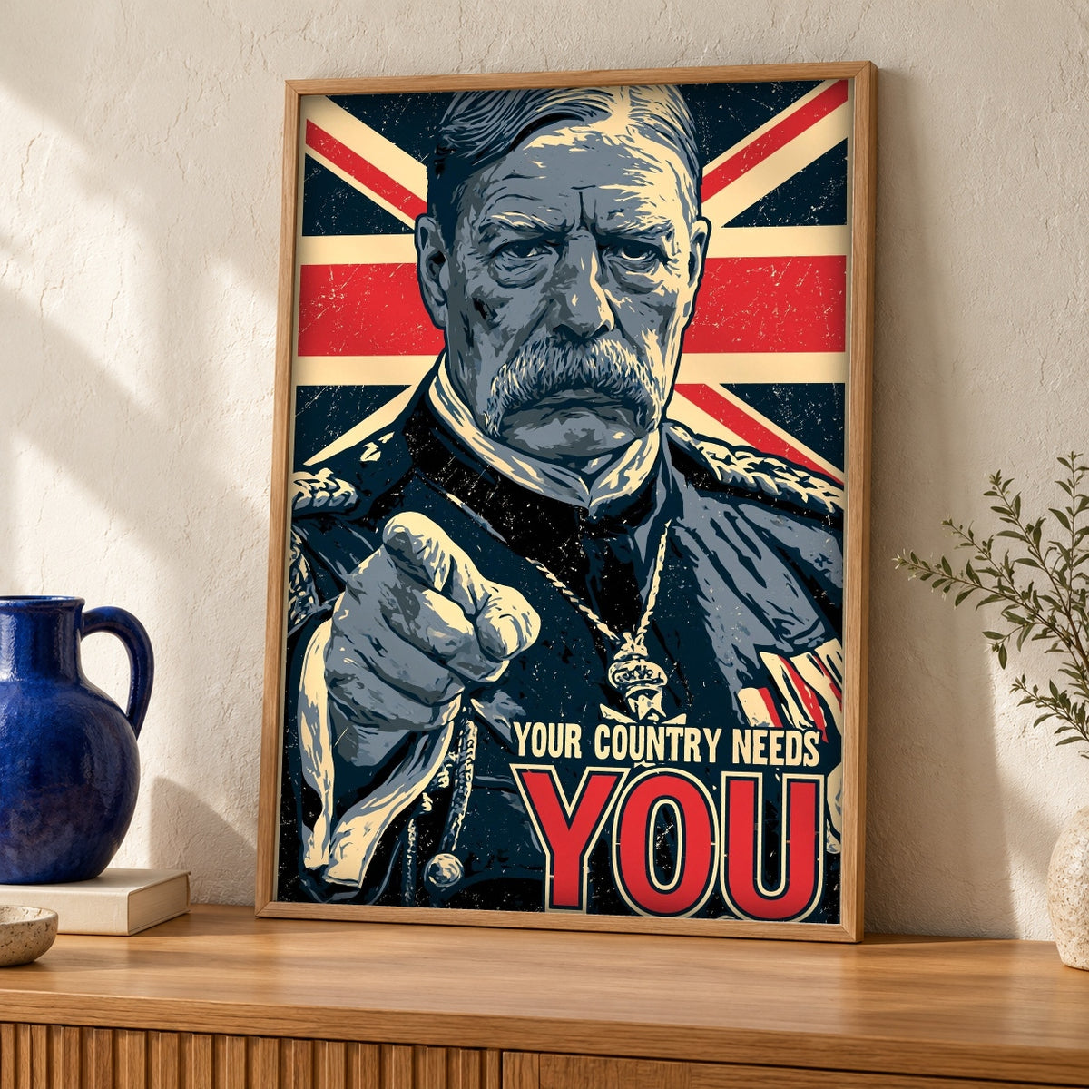 Historic War Poster, Lord Kitchener British WWI Recruitment Print — oak frame room mockup