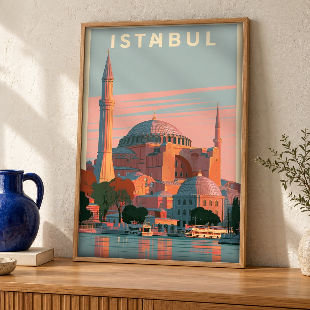 Ottoman Wall Art, Hagia Sophia Istanbul, Retro Travel Poster — oak frame room mockup
