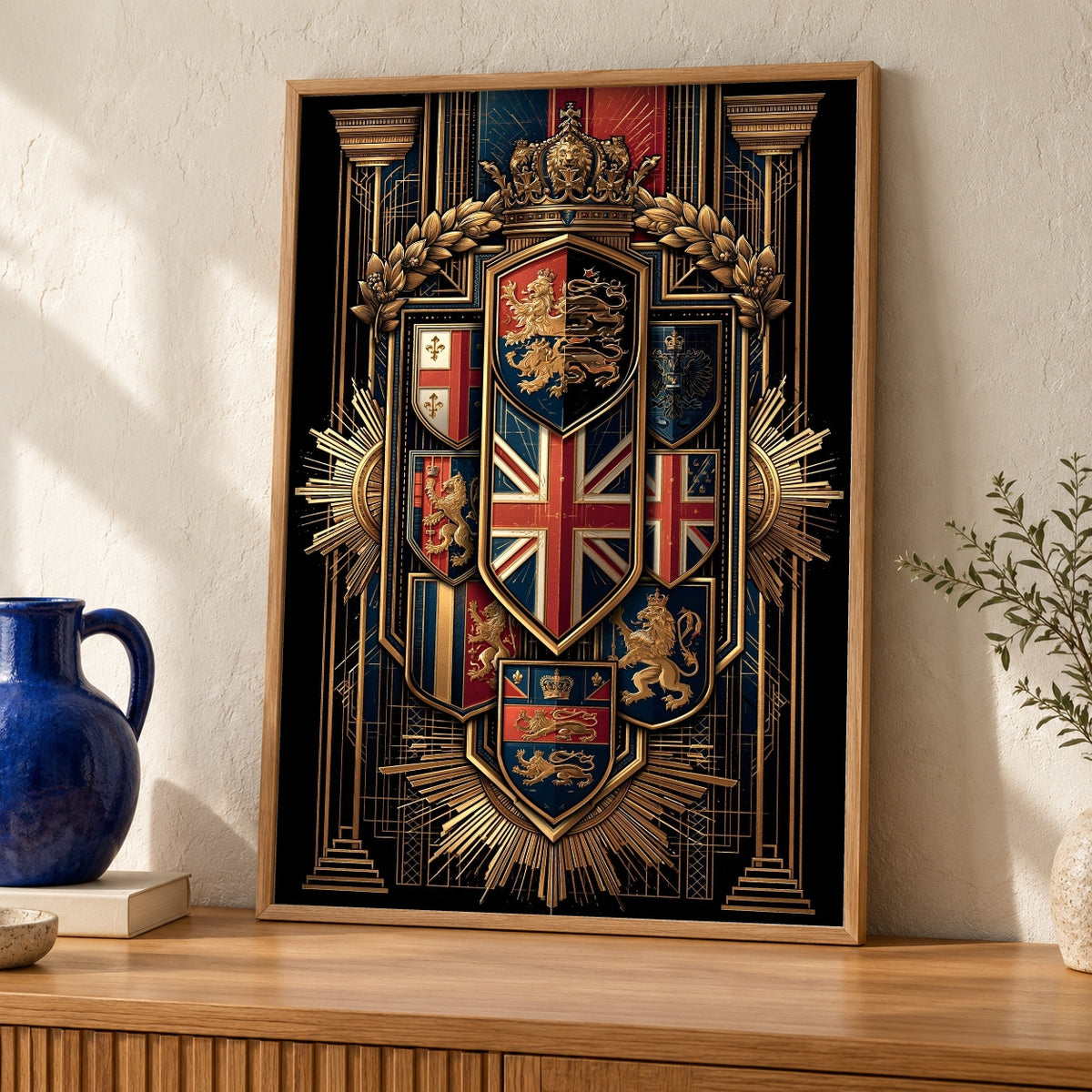 British Royal Arms, Union Jack Heraldry Print — oak frame room mockup