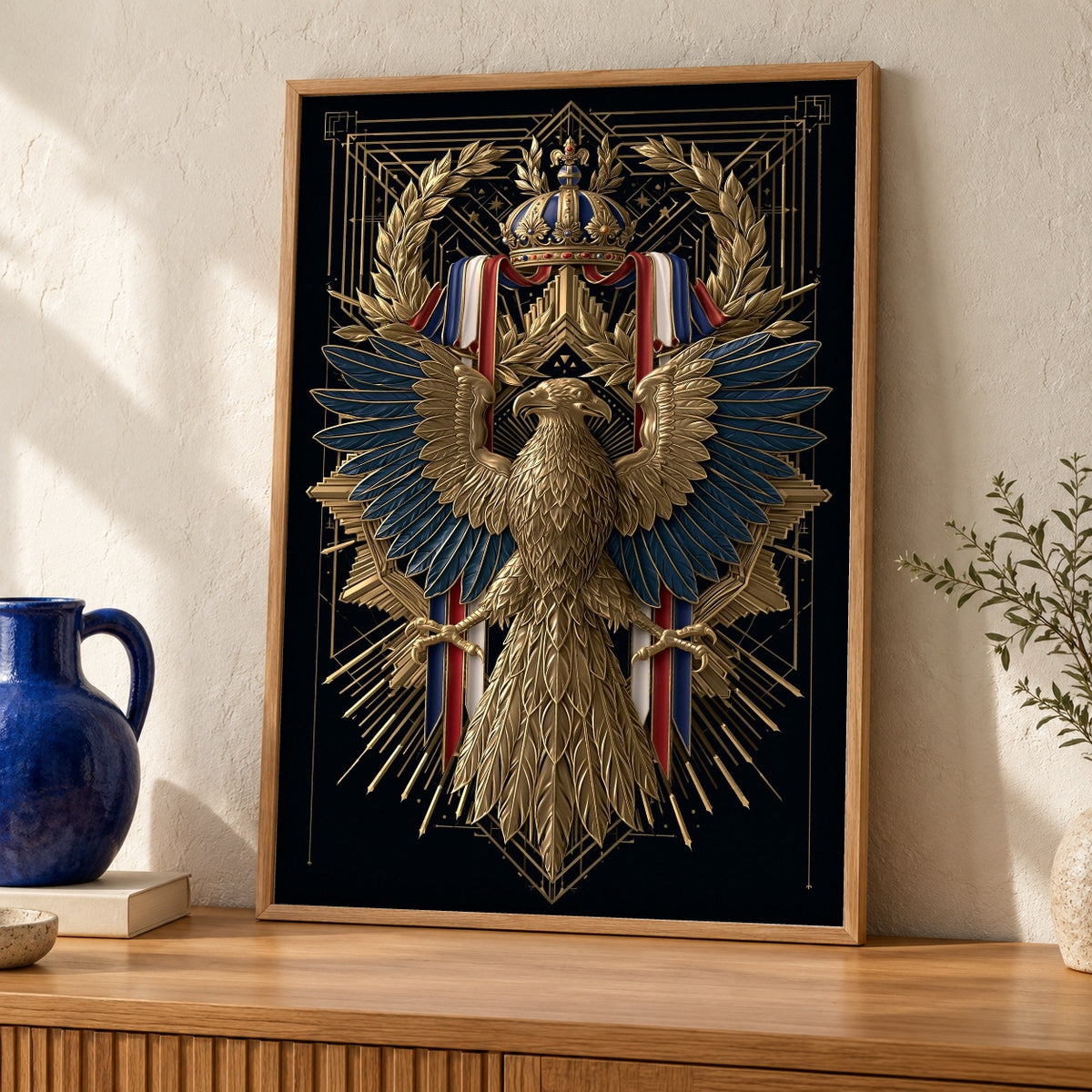 Imperial Eagle Wall Art, Napoleon French Empire Crest Print — oak frame room mockup