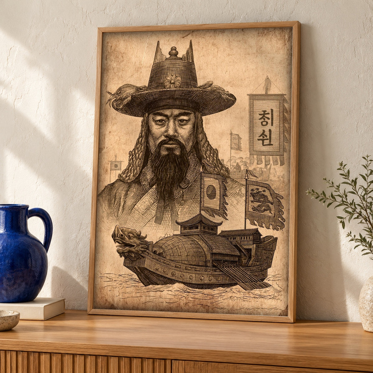 Korean Admiral Print, Yi Sun-sin Turtle Ship, Nautical Wall Art — oak frame room mockup