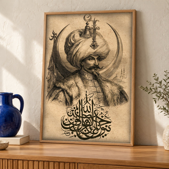 Ottoman Sultan Engraving, Islamic Calligraphy Crescent Print, Muslim Art