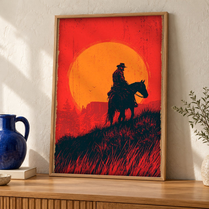 Retro Wall Art, Frontier Cowboy Sunset, Americana Western Print