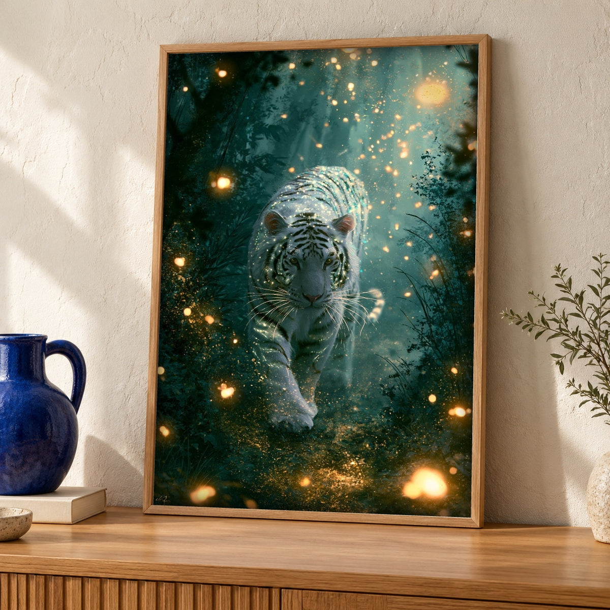 Enchanted Forest Art, White Tiger Print, Magical Woodland — oak frame room mockup