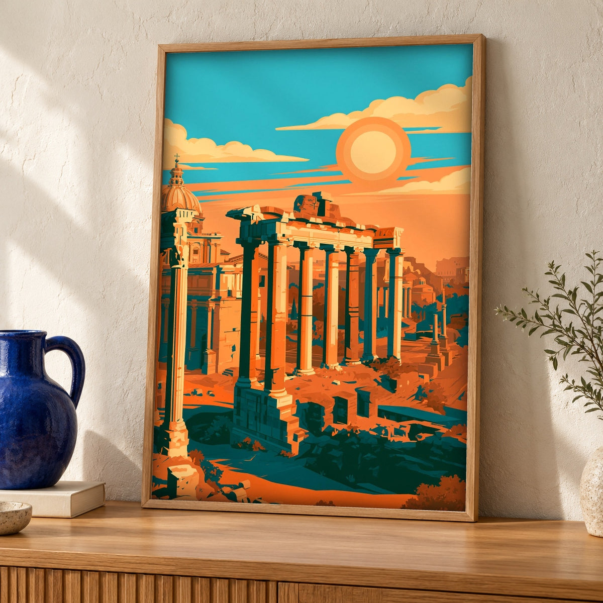 Rome Poster, Roman Forum Ruins, Ancient Empire Wall Decor — oak frame room mockup