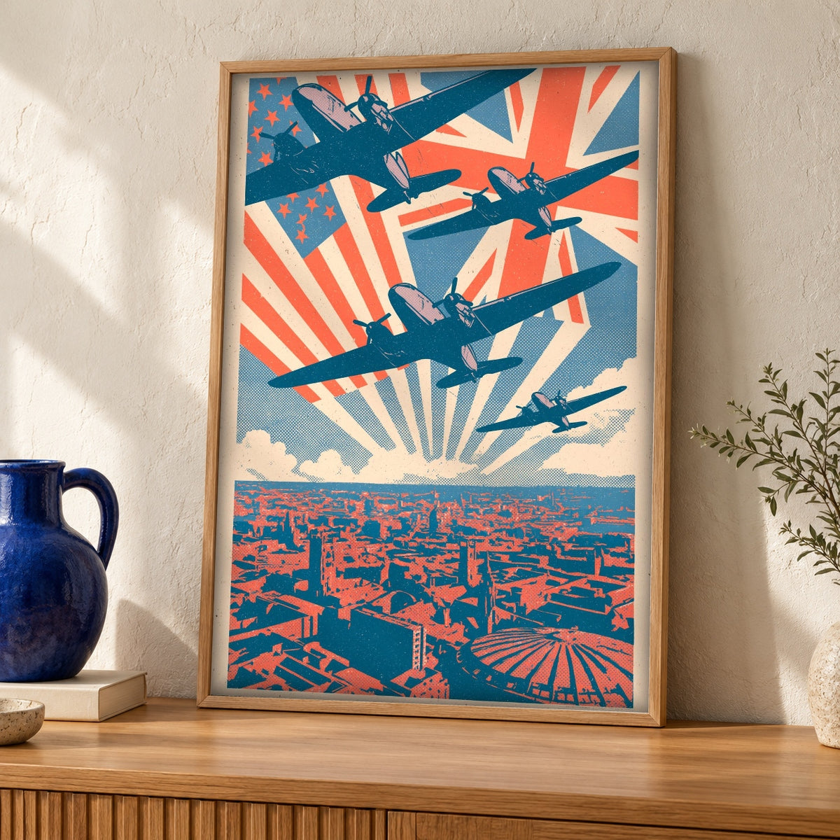 WWII Poster, Allied Air Power Print, London Blitz Wall Art — oak frame room mockup