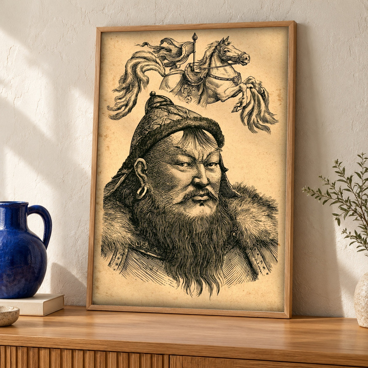 Mongol Khan Portrait, Genghis Khan Engraving, Historic Wall Decor — oak frame room mockup