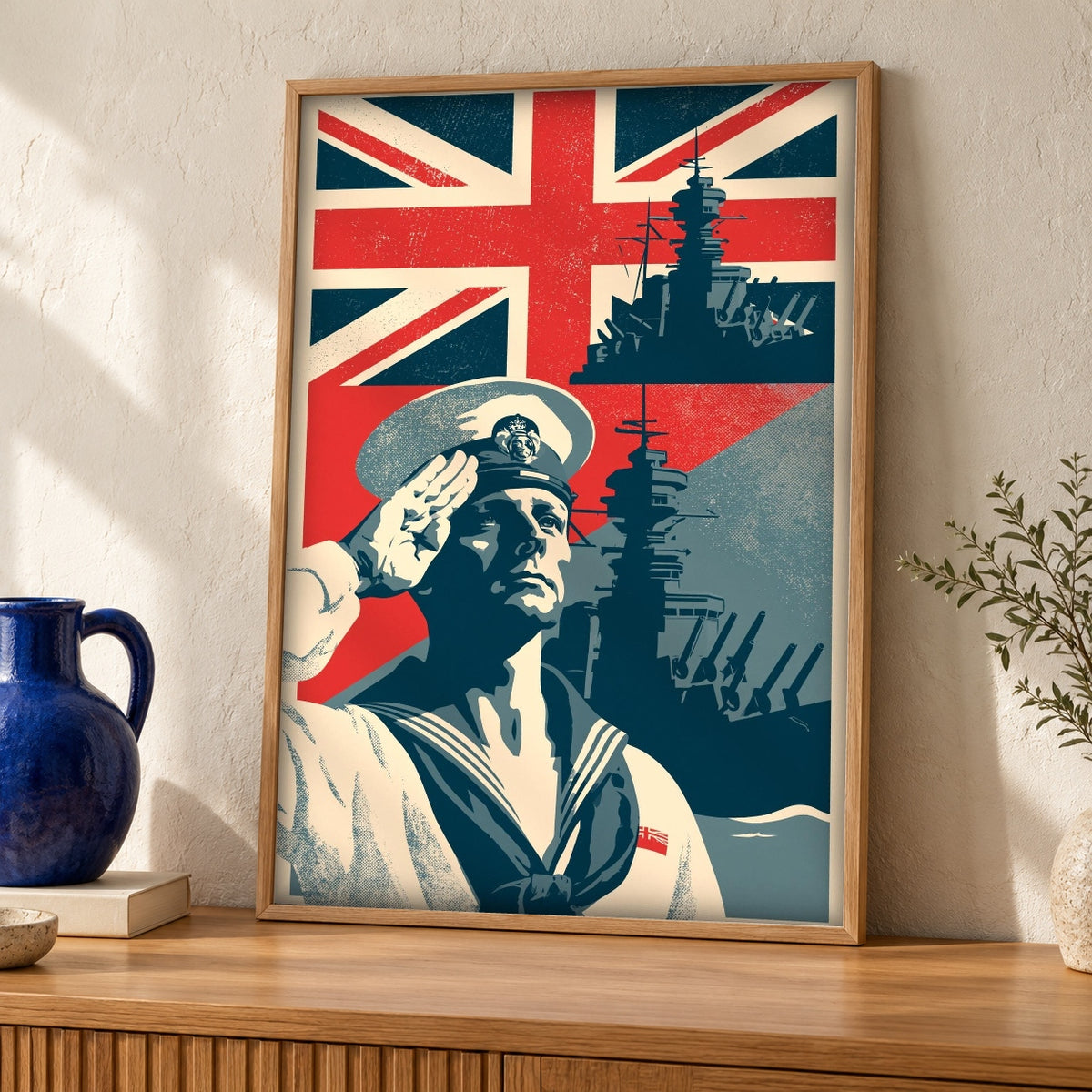 Royal Navy Wall Art, British Warship Sailor Print — oak frame room mockup