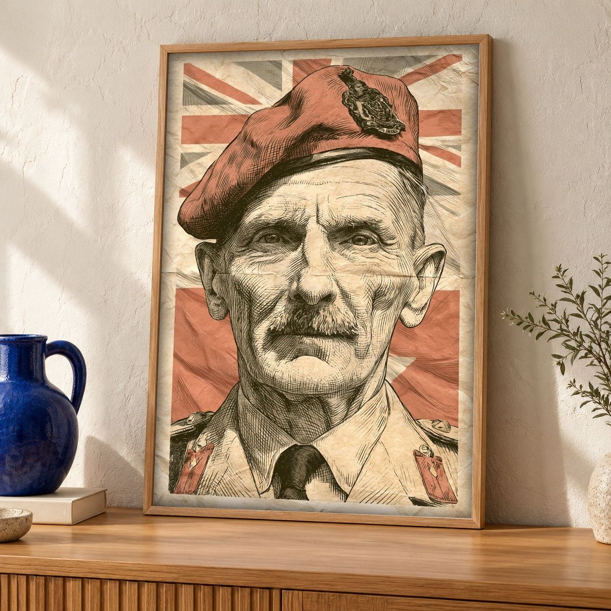 WWII Poster, British Army Commander, Man Cave Decor — oak frame room mockup