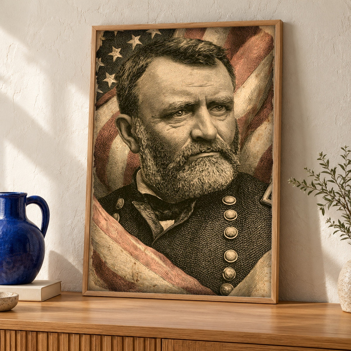 Civil War General Print, Ulysses Grant Portrait, Americana Decor — oak frame room mockup