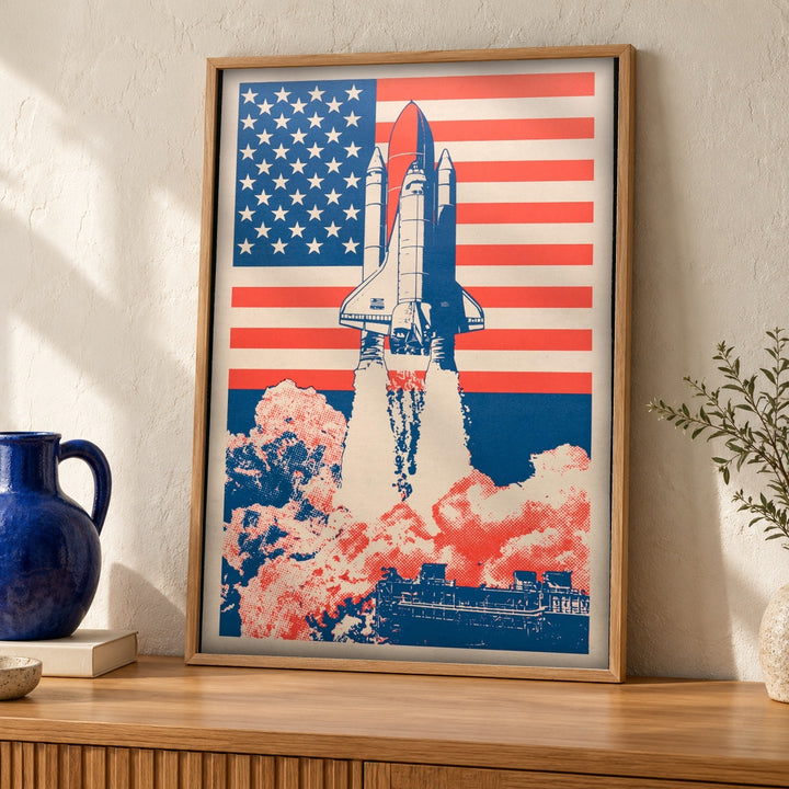 Patriotic Wall Art, Space Shuttle Launch, American Flag Print