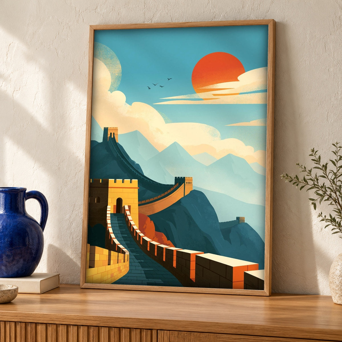 Great Wall China Art, Retro Travel Poster — oak frame room mockup