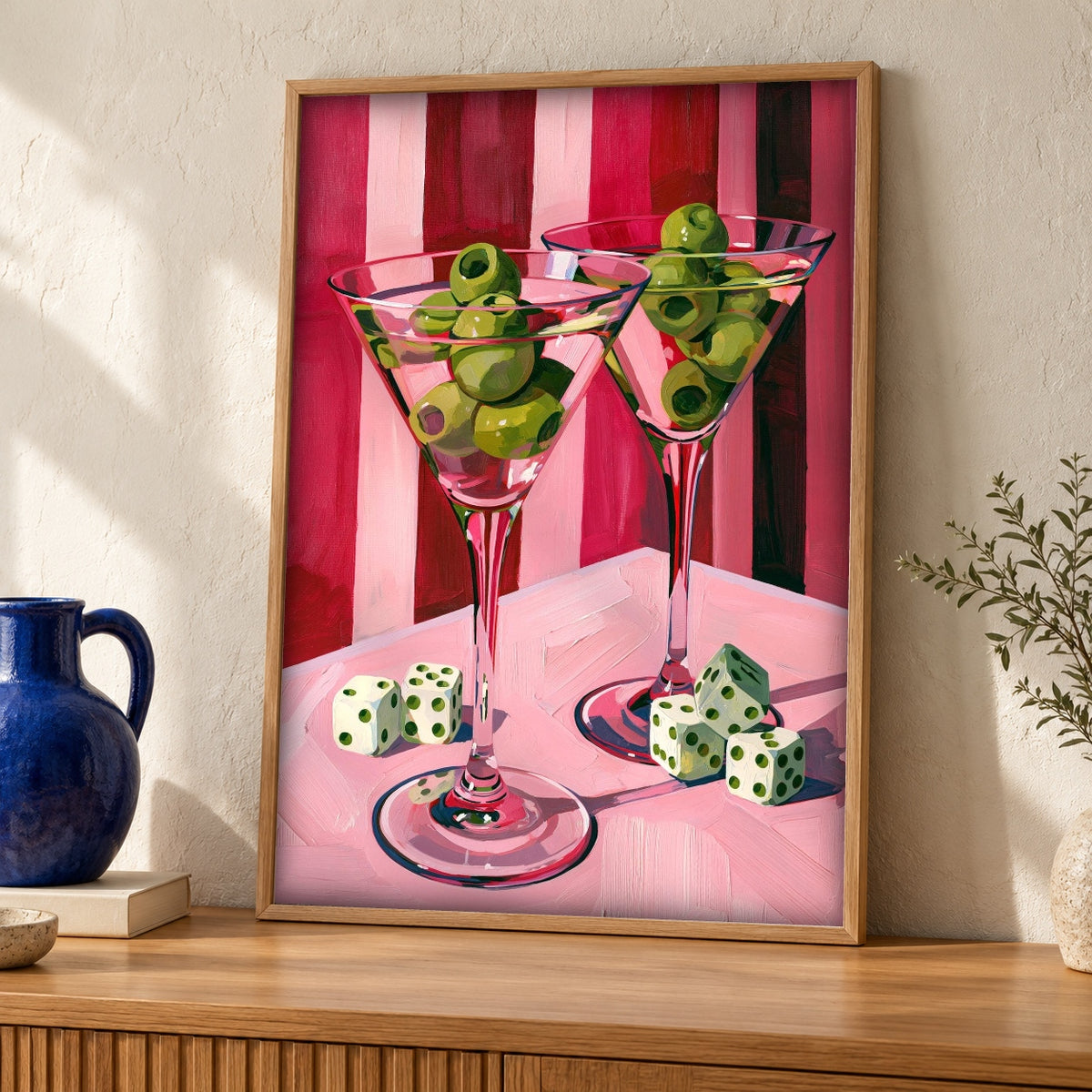 Retro Wall Art, Martini Olive Cocktail Bar Print — oak frame room mockup