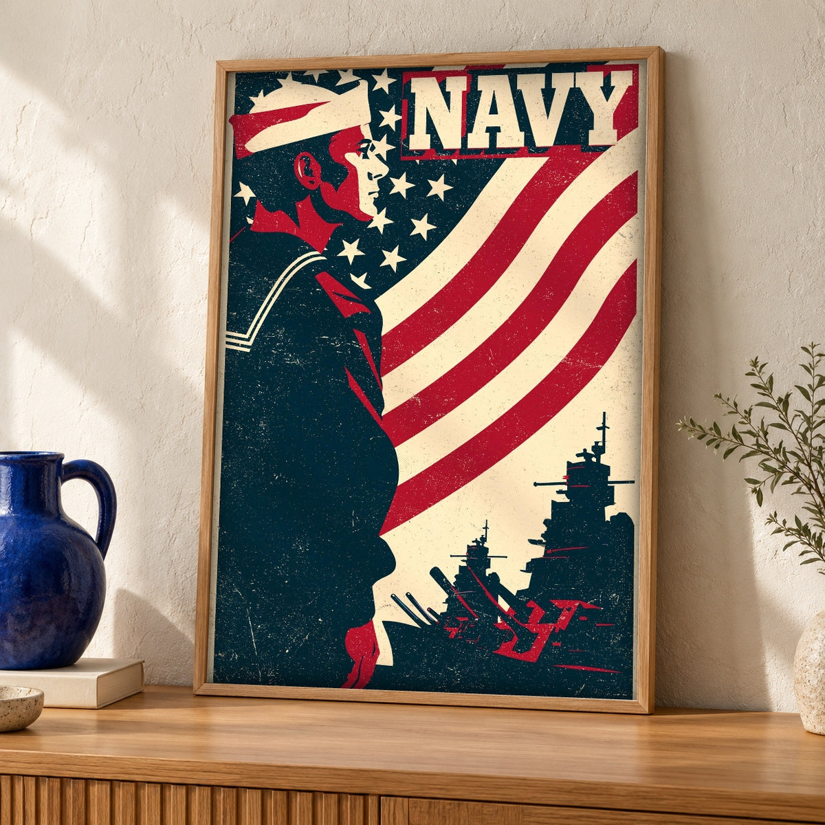 Patriotic Wall Art, US Navy Sailor Battleship Print — oak frame room mockup