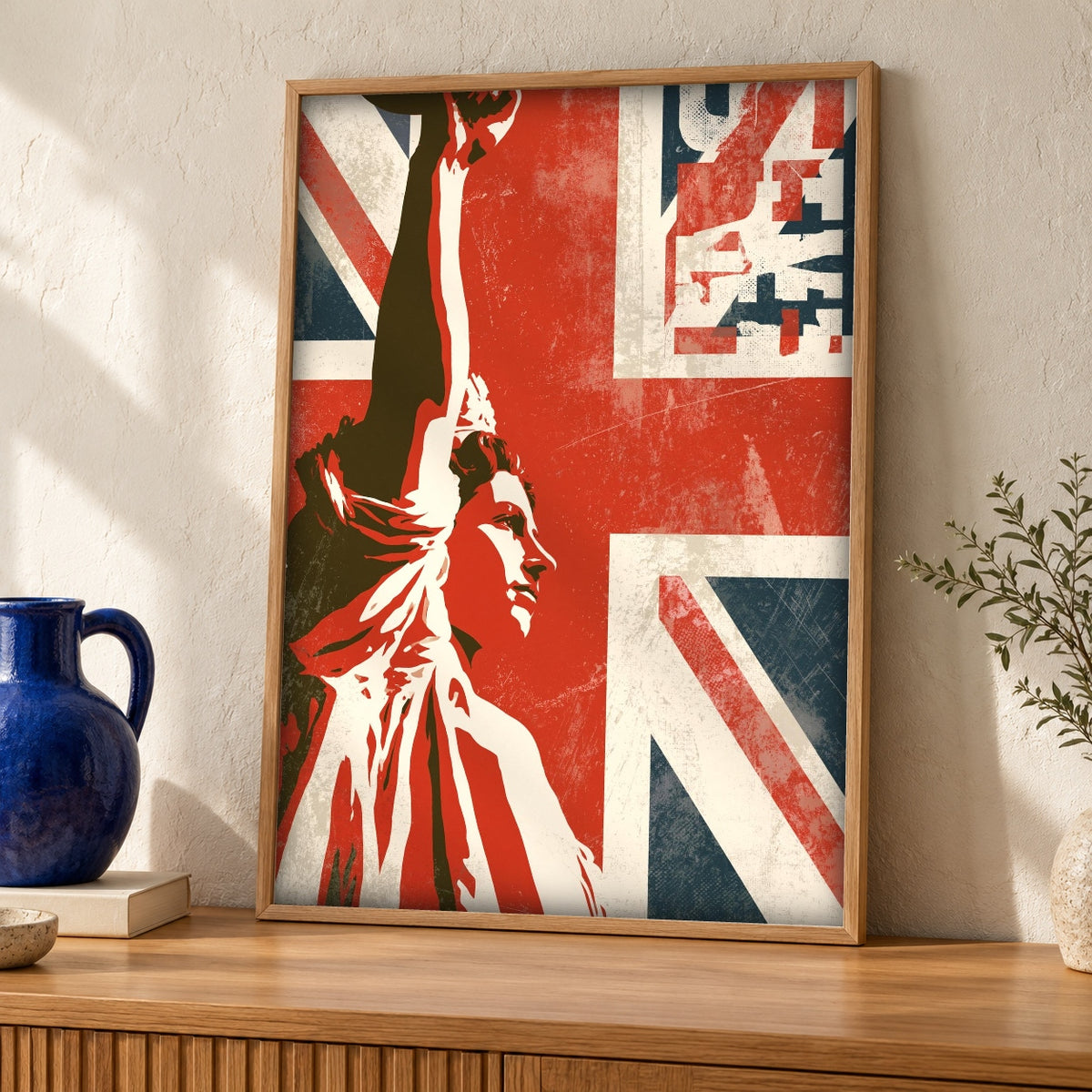 Patriotic Wall Art, Statue of Liberty, Union Jack Print — oak frame room mockup