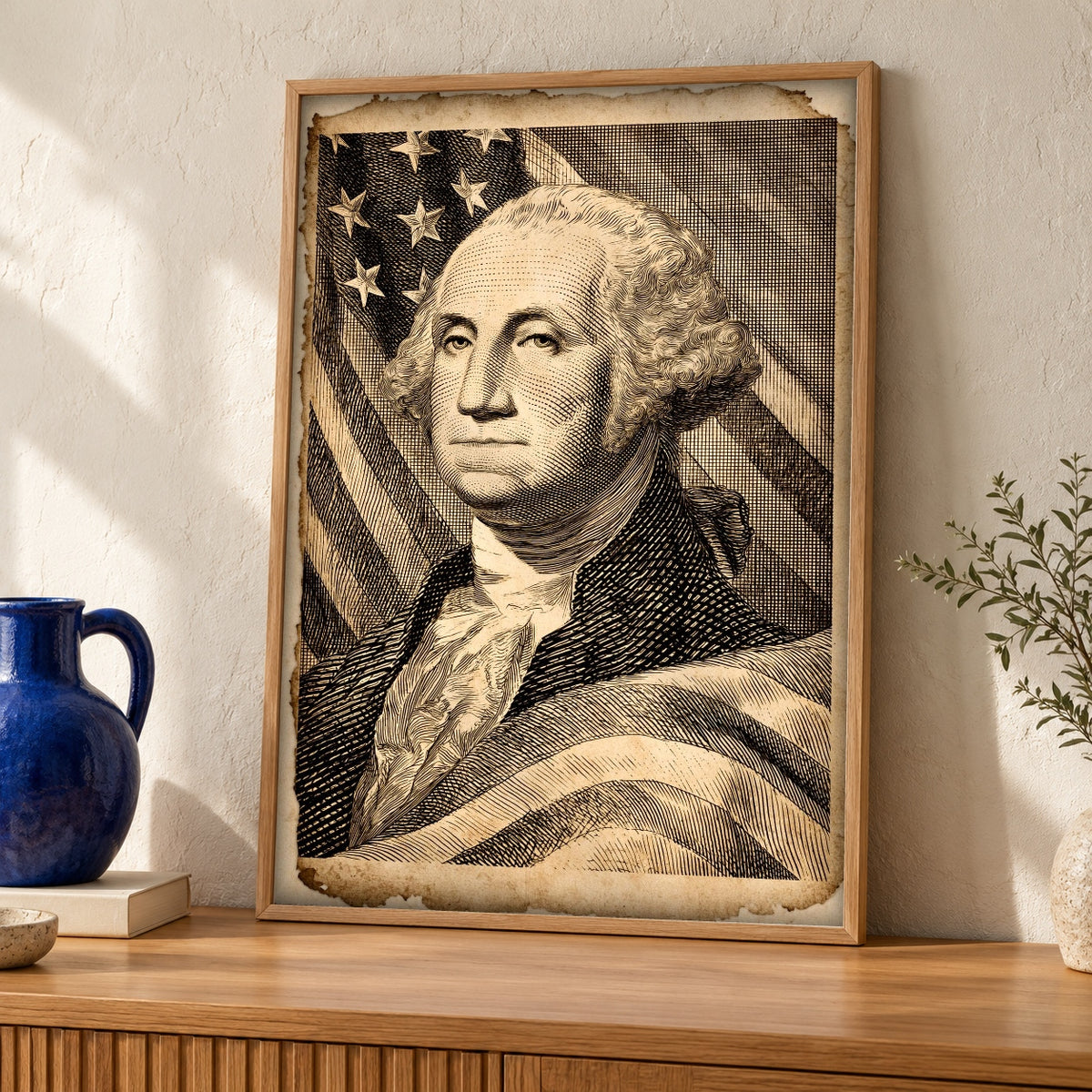 George Washington Art, Founding Fathers Patriotic Print — oak frame room mockup