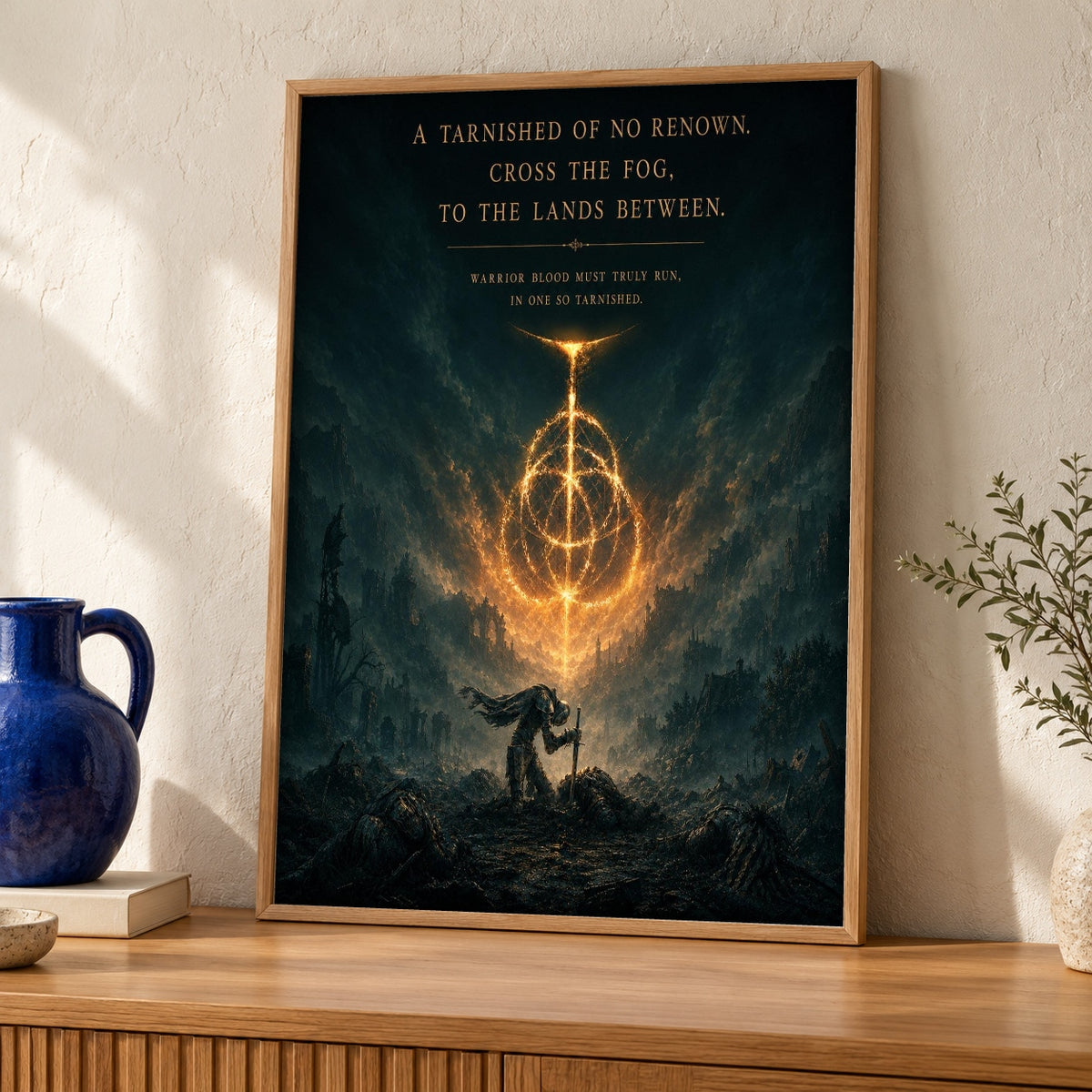 Elden Ring Wall Art, Dark Fantasy Poster, Lands Between — oak frame room mockup