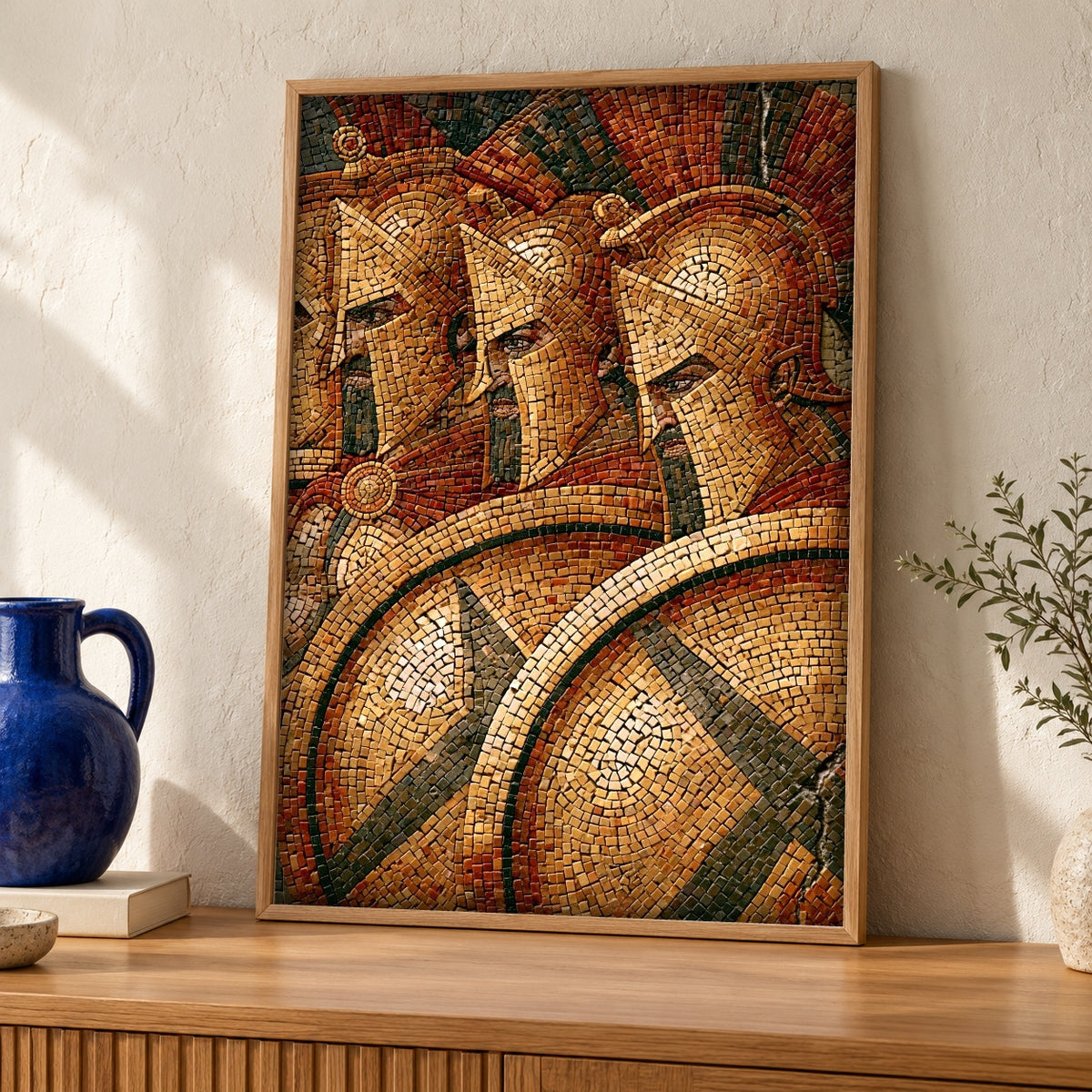 Ancient Greek Art, Spartan Hoplite Mosaic, Masculine Print — oak frame room mockup