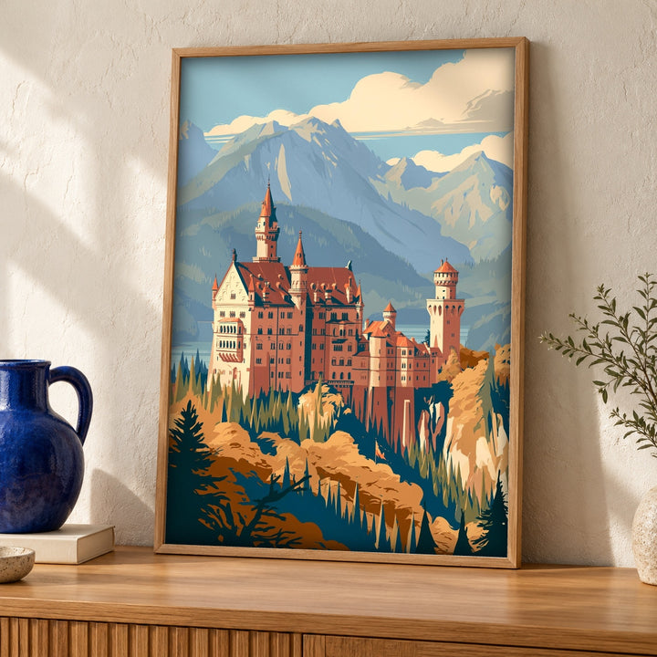 Retro Travel Poster, Neuschwanstein Castle, King Ludwig II Bavaria