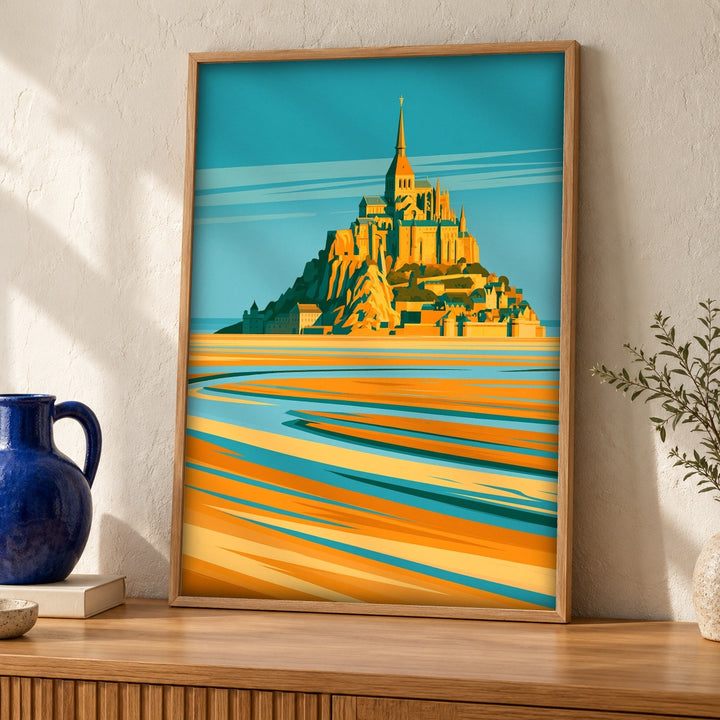 Mont Saint Michel Art, Normandy Abbey Retro Travel Poster