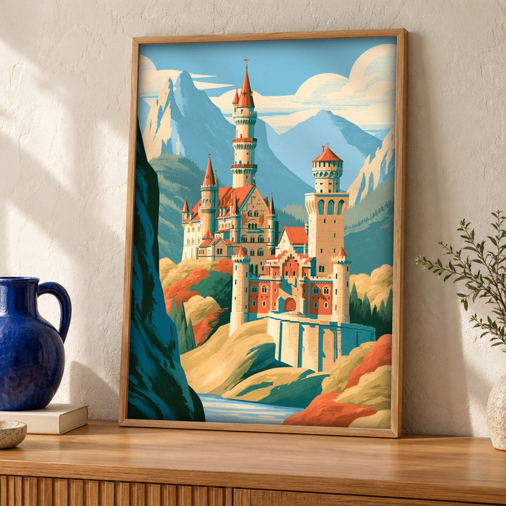 Neuschwanstein Art, Bavaria Castle Print, Retro Travel Poster