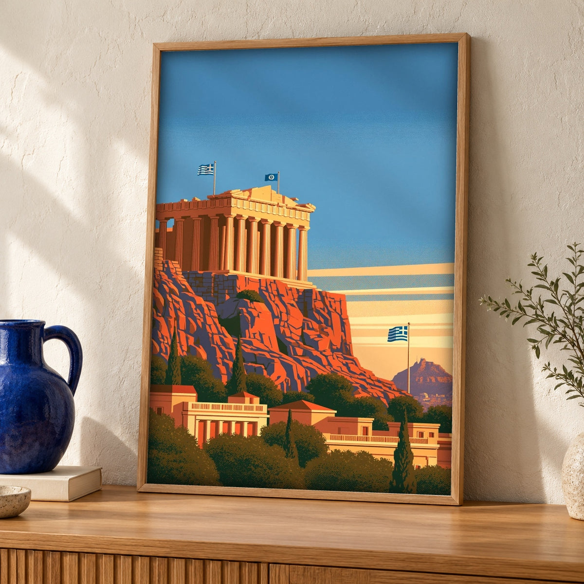 Ancient Greek Art, Acropolis Athens Print, Mythology Wall Decor — oak frame room mockup
