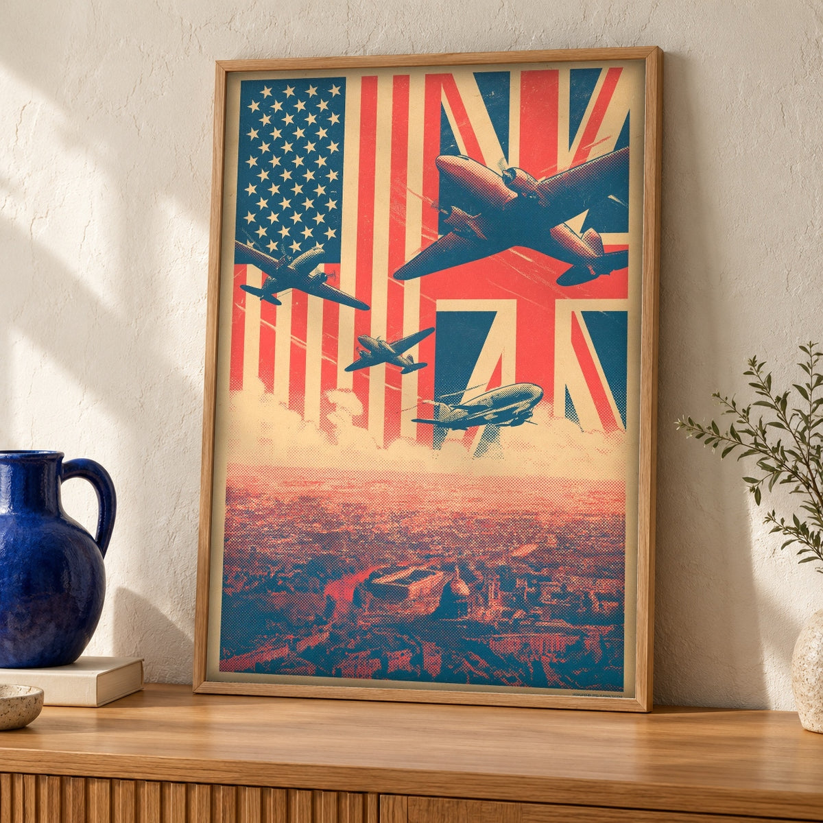 WW2 Allied Air Power, Aviation Wall Art, WWII Poster — oak frame room mockup