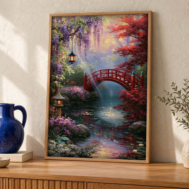 Enchanted Forest Art, Japanese Garden Bridge, Koi Pond Decor