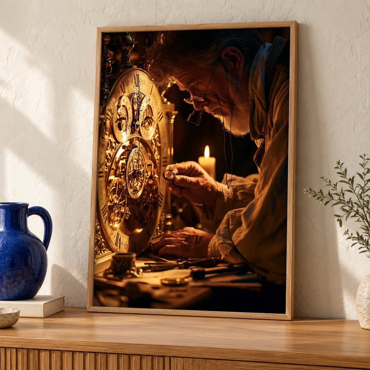 Clockmaker Wall Art, Renaissance Horologist Print — oak frame room mockup