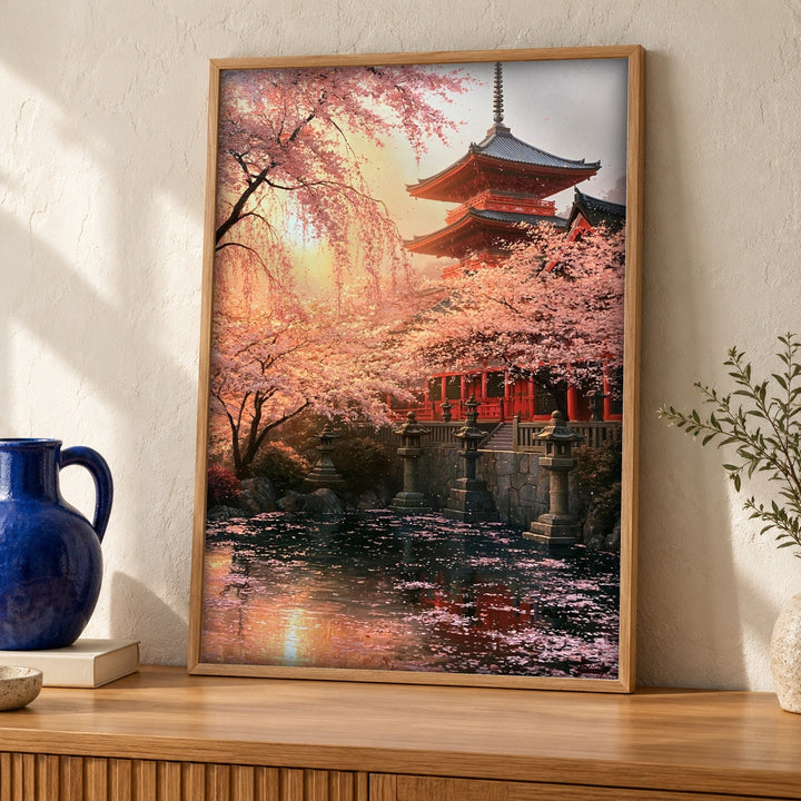 Japanese Temple Art, Sakura Pagoda Kyoto Decor